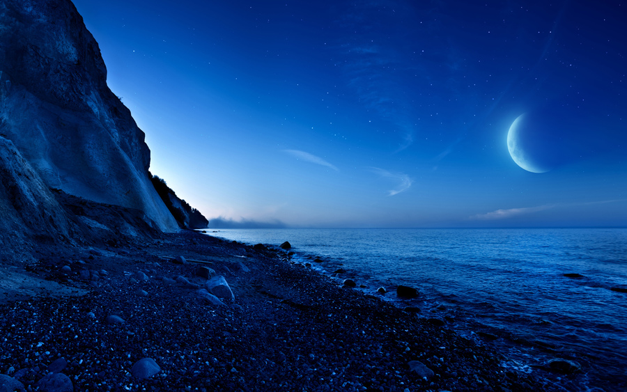 Nightfall Mountain Sea Moon