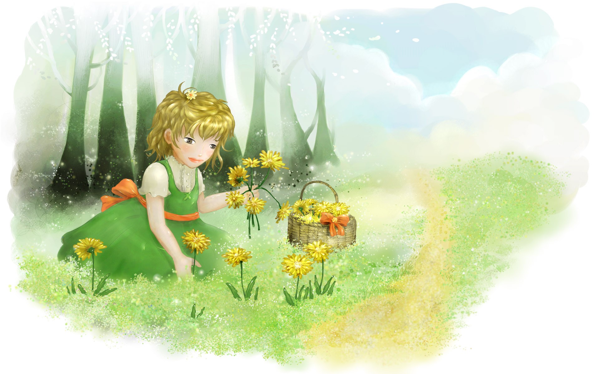 Девочка собирающая цветы в лесу